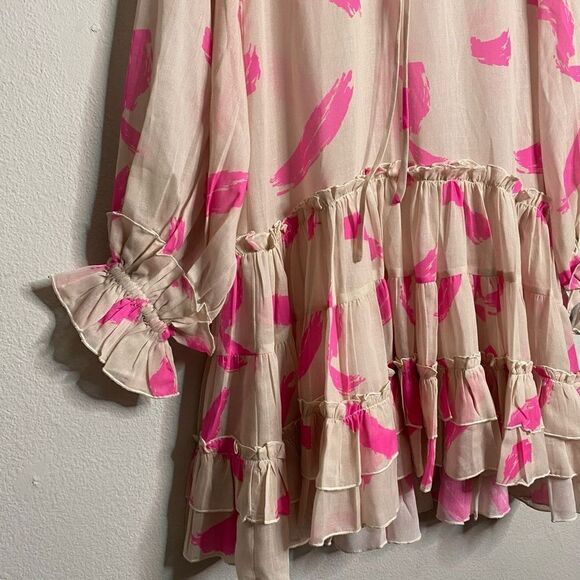 KLEID Dress Ruffle Printed Long Sleeve Pink Sheer Mini Dress Size XS - Picture 4 of 7